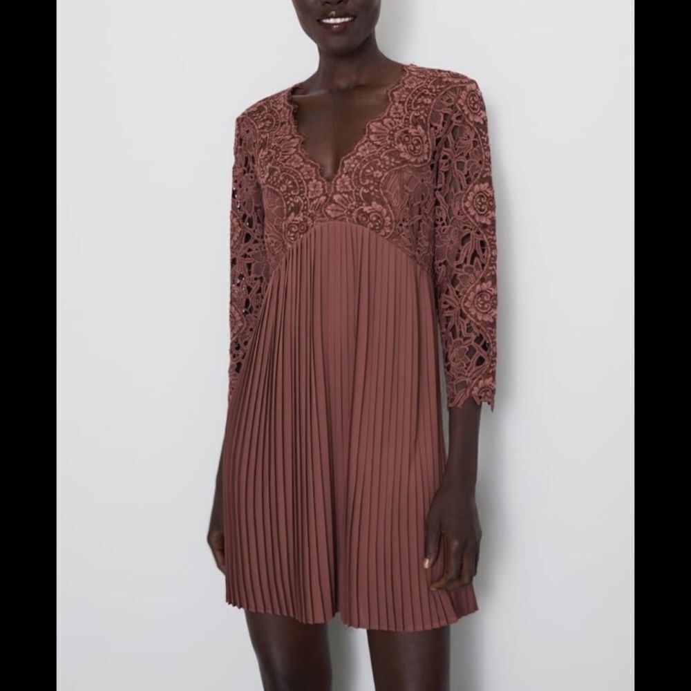 Zara Size Small Terracotta Lace Pleated Guipure Mini Dress Blogger Favorite